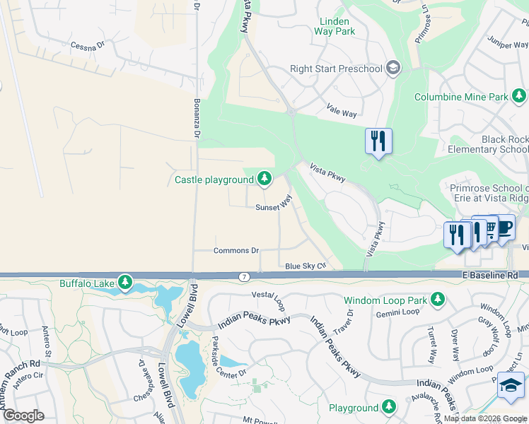 map of restaurants, bars, coffee shops, grocery stores, and more near 1220 Sunset Way in Erie