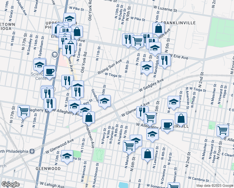 map of restaurants, bars, coffee shops, grocery stores, and more near 900-998 W Ontario St in Philadelphia
