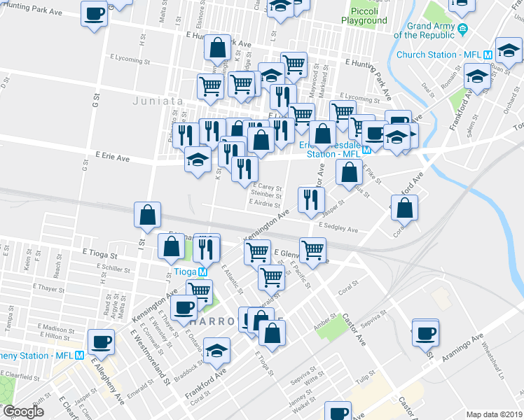 map of restaurants, bars, coffee shops, grocery stores, and more near 1331 East Sedgley Avenue in Philadelphia