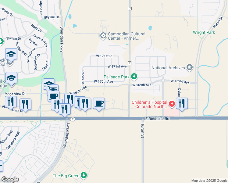 map of restaurants, bars, coffee shops, grocery stores, and more near 1209 West 169th Avenue in Broomfield