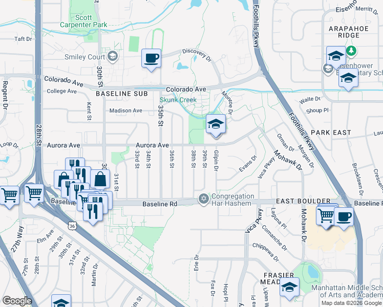 map of restaurants, bars, coffee shops, grocery stores, and more near 885 38th Street in Boulder