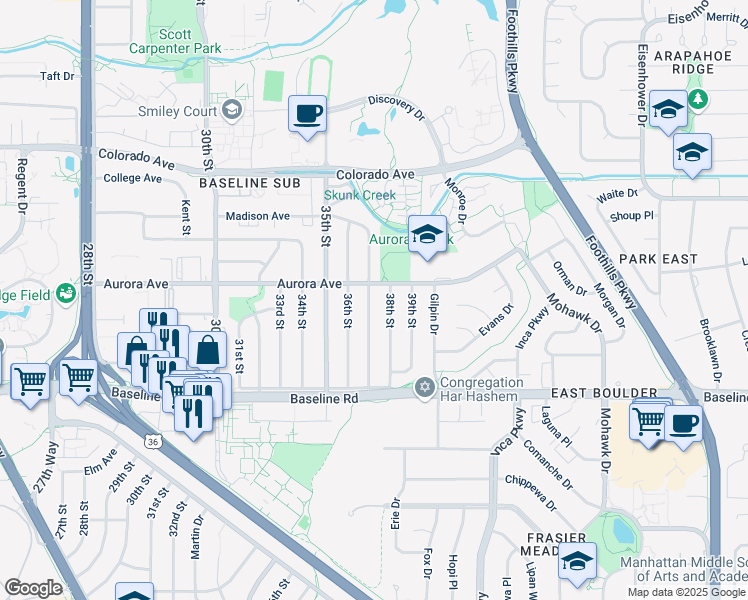 map of restaurants, bars, coffee shops, grocery stores, and more near 885 38th Street in Boulder