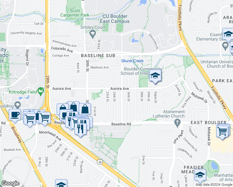 map of restaurants, bars, coffee shops, grocery stores, and more near 880 34th Street in Boulder