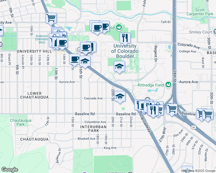 map of restaurants, bars, coffee shops, grocery stores, and more near in Boulder