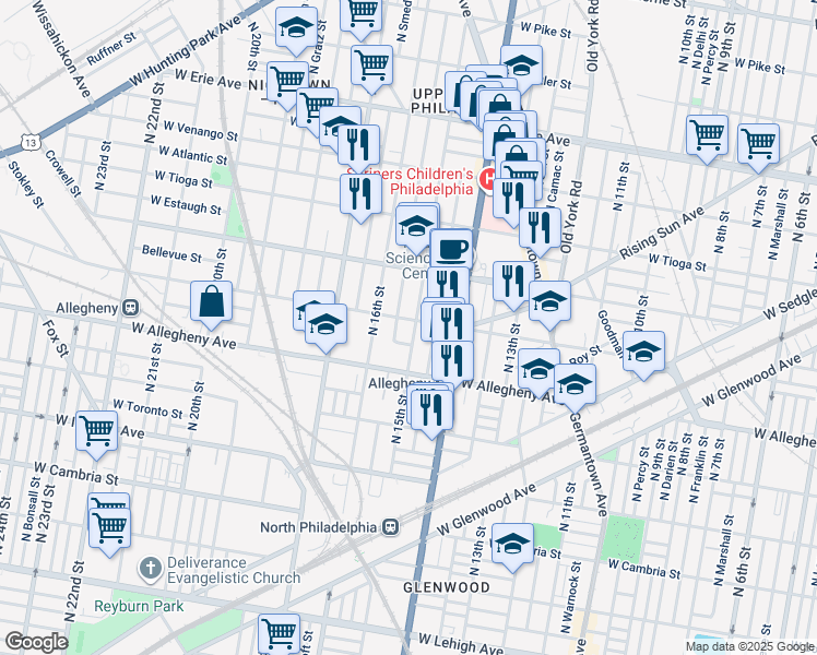 map of restaurants, bars, coffee shops, grocery stores, and more near 3248 North 15th Street in Philadelphia