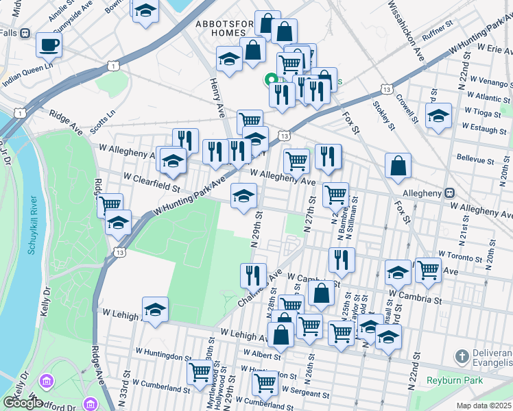 map of restaurants, bars, coffee shops, grocery stores, and more near in Philadelphia