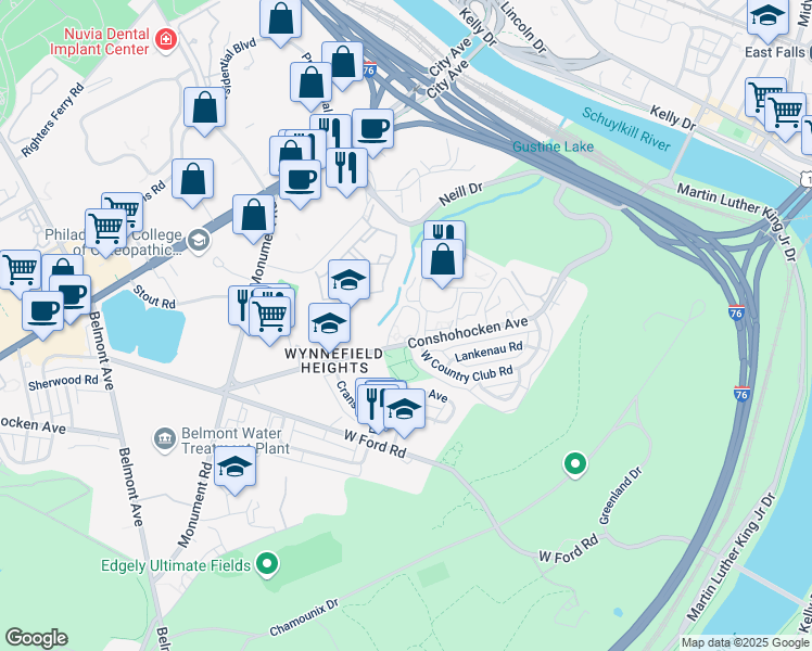 map of restaurants, bars, coffee shops, grocery stores, and more near 3939 Conshohocken Avenue in Philadelphia