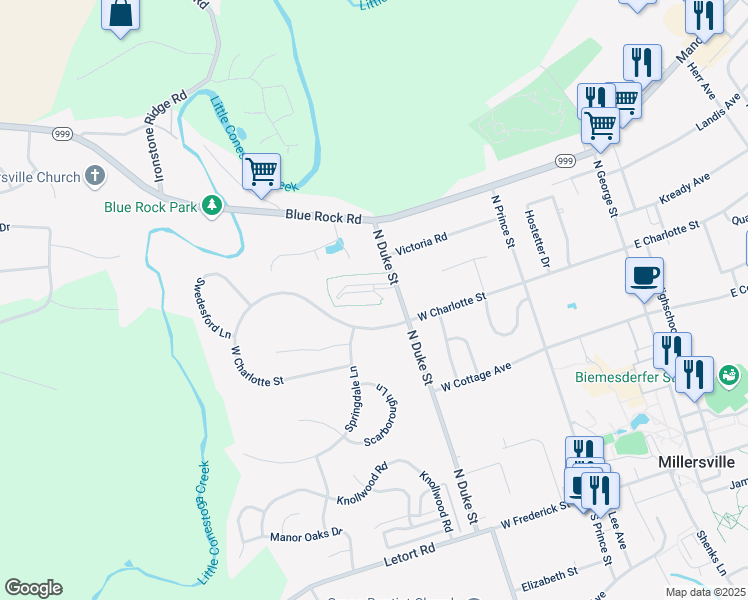 map of restaurants, bars, coffee shops, grocery stores, and more near 320 College Manor Avenue in Millersville