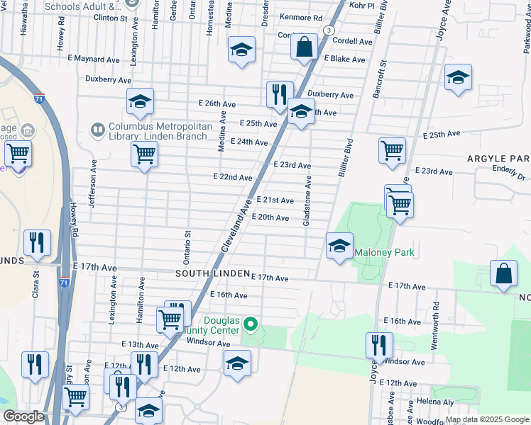 map of restaurants, bars, coffee shops, grocery stores, and more near 1331 East 21st Avenue in Columbus