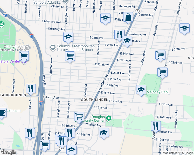map of restaurants, bars, coffee shops, grocery stores, and more near 1218 East 20th Avenue in Columbus