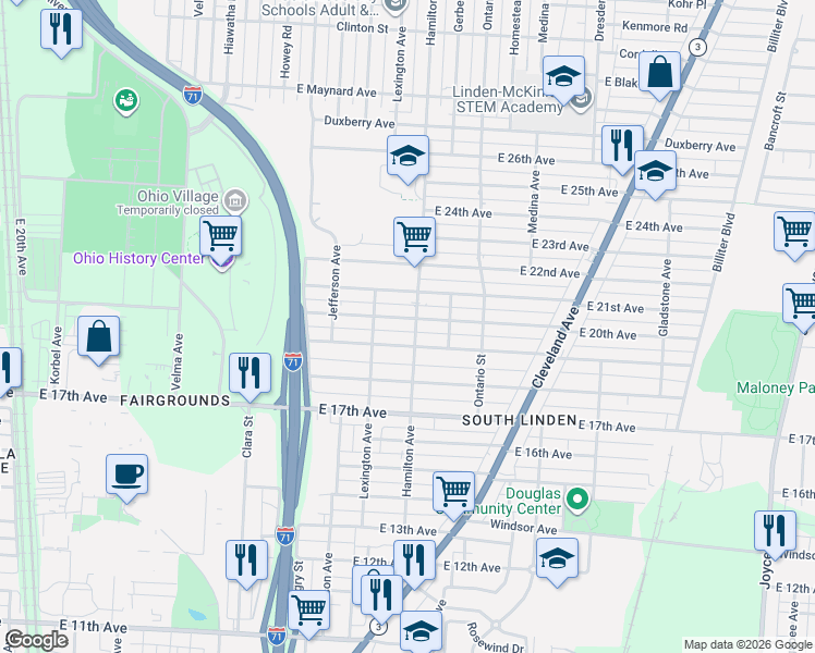 map of restaurants, bars, coffee shops, grocery stores, and more near 1047 East 20th Avenue in Columbus
