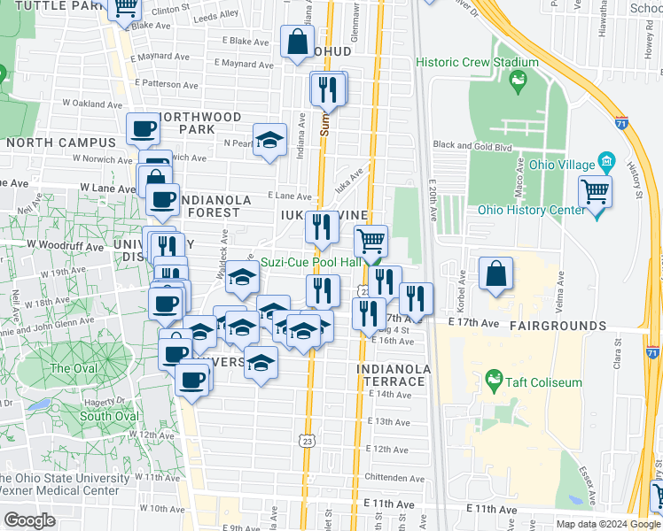 map of restaurants, bars, coffee shops, grocery stores, and more near 336 East 19th Avenue in Columbus