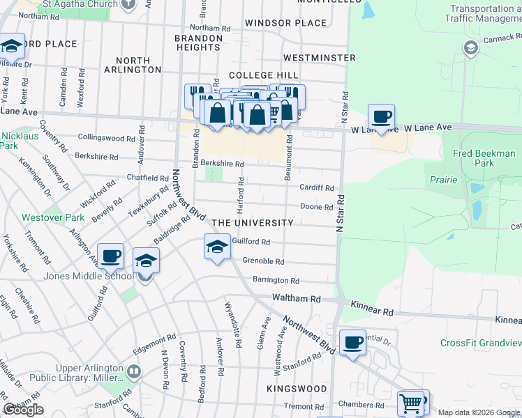map of restaurants, bars, coffee shops, grocery stores, and more near 1646 Doone Road in Columbus