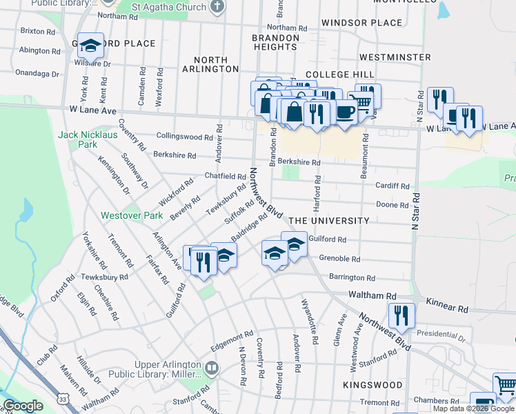 map of restaurants, bars, coffee shops, grocery stores, and more near 2281 Northwest Boulevard in Columbus