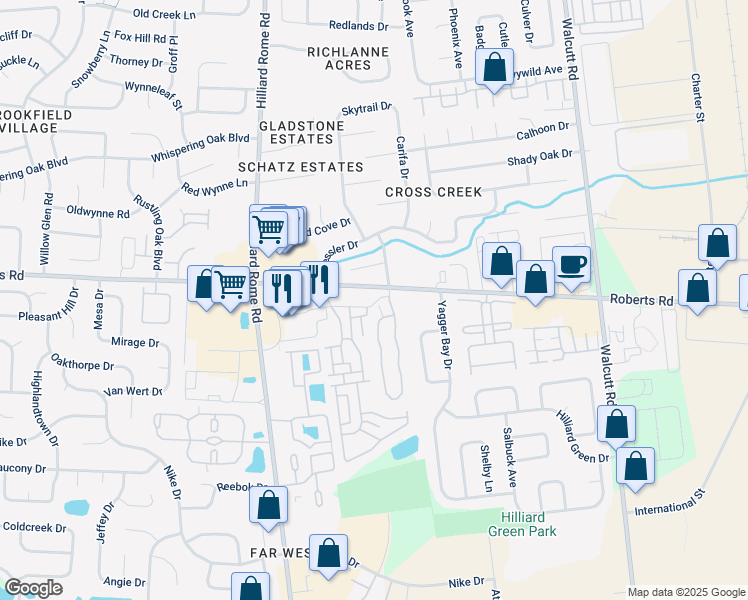 map of restaurants, bars, coffee shops, grocery stores, and more near 2500 Crystal Springs Drive in Hilliard