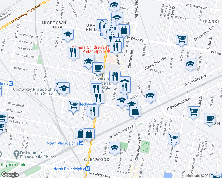 map of restaurants, bars, coffee shops, grocery stores, and more near 3307 North Park Avenue in Philadelphia