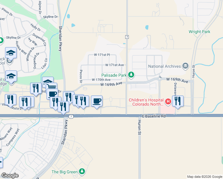 map of restaurants, bars, coffee shops, grocery stores, and more near 1209 West 169th Avenue in Broomfield