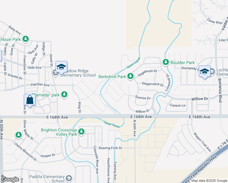 map of restaurants, bars, coffee shops, grocery stores, and more near 16995 County Road 2 in Lochbuie