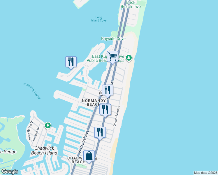 map of restaurants, bars, coffee shops, grocery stores, and more near 538 New Jersey 35 in Mantoloking