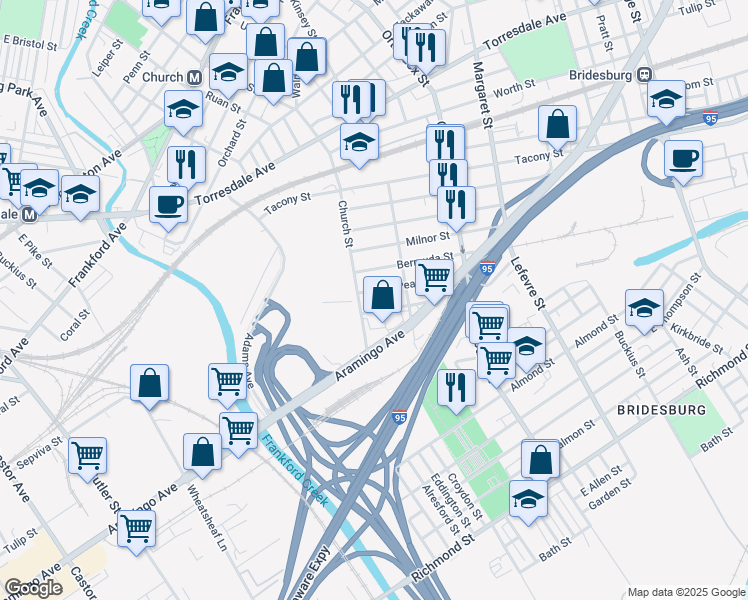 map of restaurants, bars, coffee shops, grocery stores, and more near 4336 Sepviva Street in Philadelphia