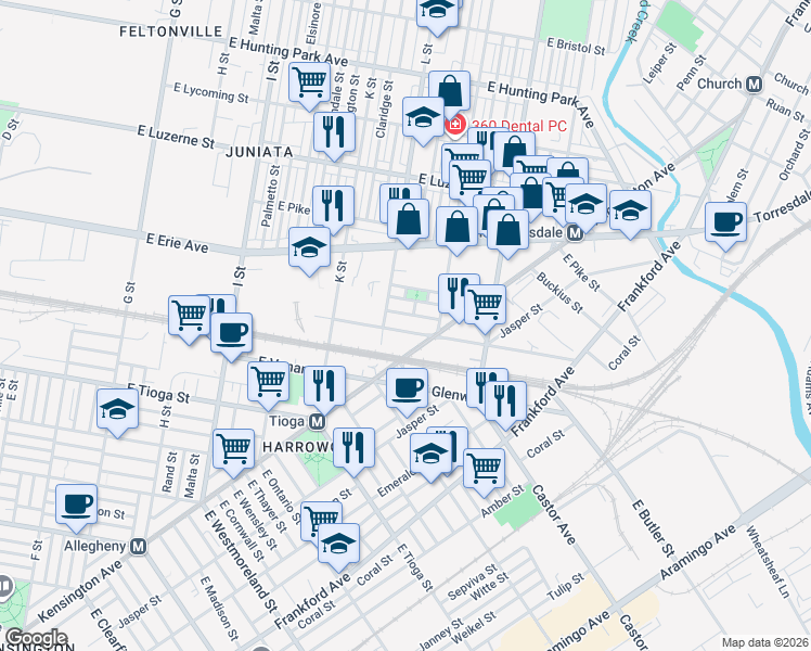 map of restaurants, bars, coffee shops, grocery stores, and more near 3715 L Street in Philadelphia