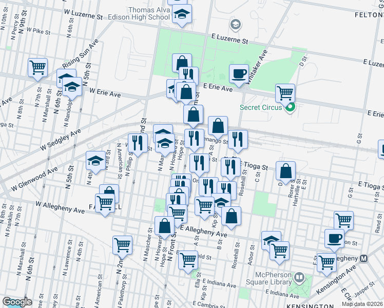 map of restaurants, bars, coffee shops, grocery stores, and more near 3517 North Lee Street in Philadelphia