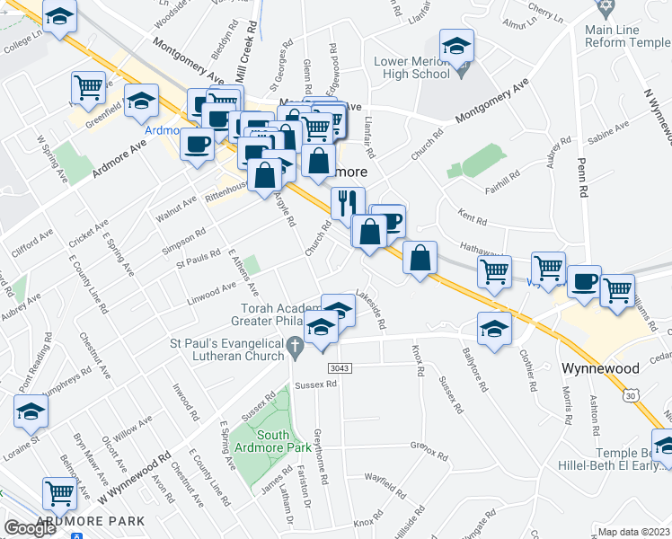 map of restaurants, bars, coffee shops, grocery stores, and more near 29 Chatham Road in Ardmore