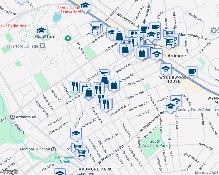 map of restaurants, bars, coffee shops, grocery stores, and more near 65 East Spring Avenue in Ardmore