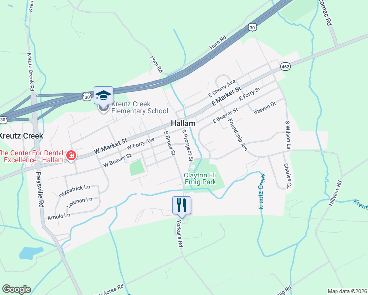 map of restaurants, bars, coffee shops, grocery stores, and more near 123 South Prospect Street in Hallam