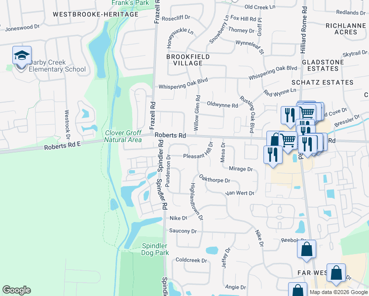 map of restaurants, bars, coffee shops, grocery stores, and more near 2580 Cowall Drive in Hilliard