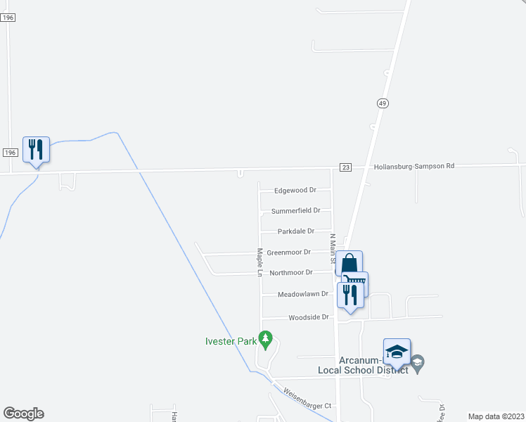 map of restaurants, bars, coffee shops, grocery stores, and more near 95 Summerfield Drive in Arcanum