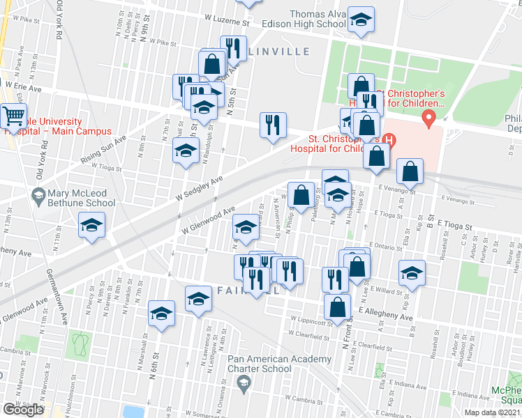map of restaurants, bars, coffee shops, grocery stores, and more near 3434 North 3rd Street in Philadelphia