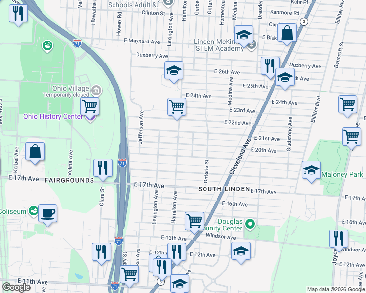 map of restaurants, bars, coffee shops, grocery stores, and more near 1047 East 20th Avenue in Columbus