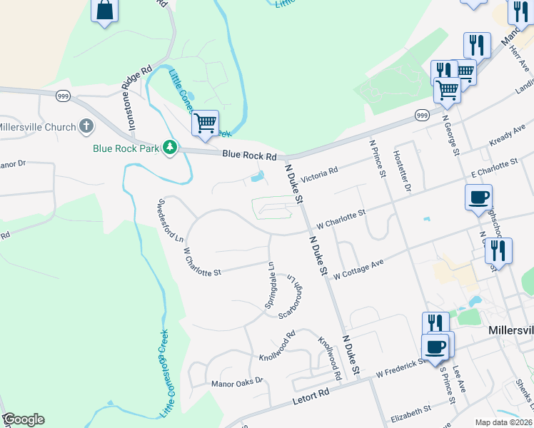 map of restaurants, bars, coffee shops, grocery stores, and more near 360 College Manor Avenue in Millersville