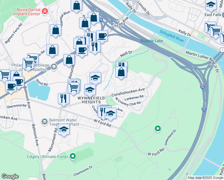 map of restaurants, bars, coffee shops, grocery stores, and more near 3939 Conshohocken Avenue in Philadelphia