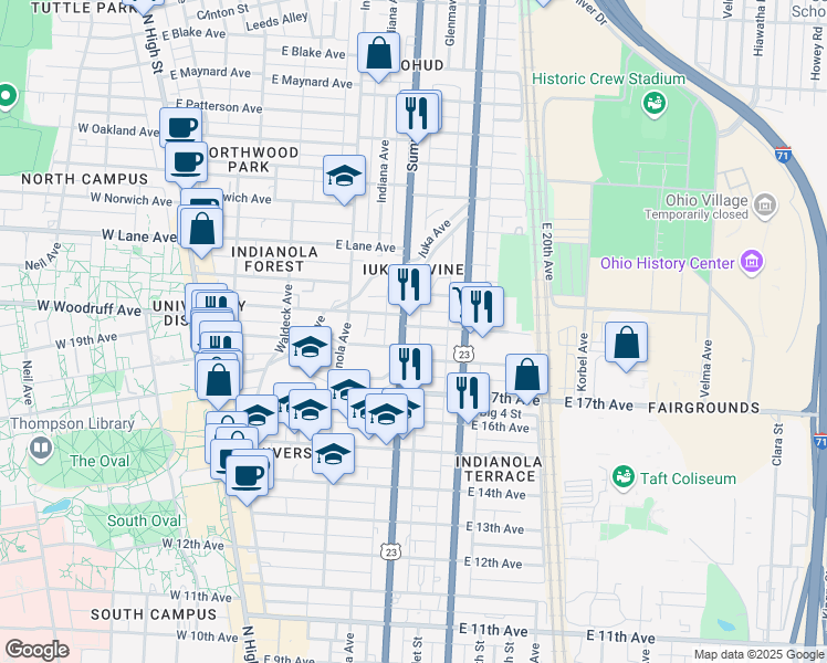 map of restaurants, bars, coffee shops, grocery stores, and more near 301 East 19th Avenue in Columbus