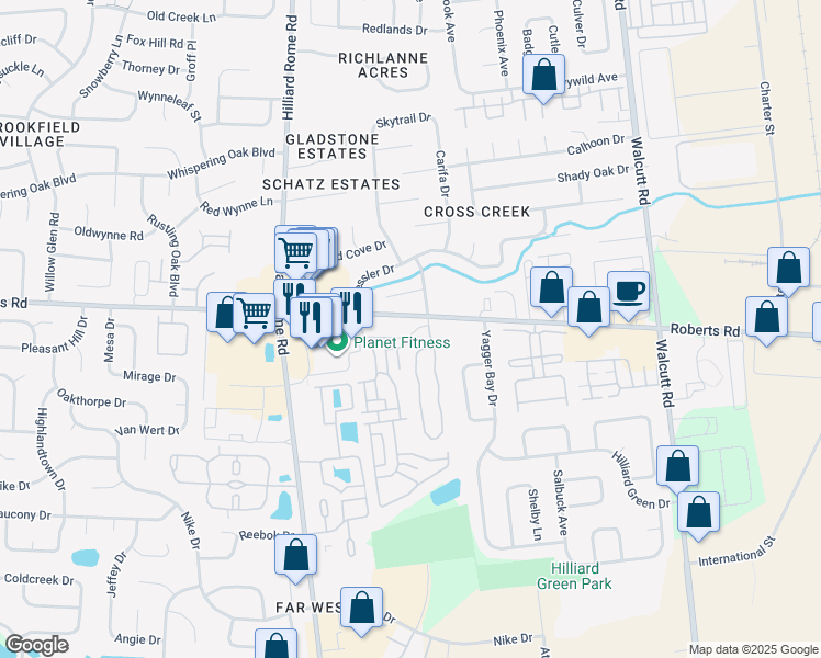 map of restaurants, bars, coffee shops, grocery stores, and more near 2500 Crystal Springs Drive in Hilliard
