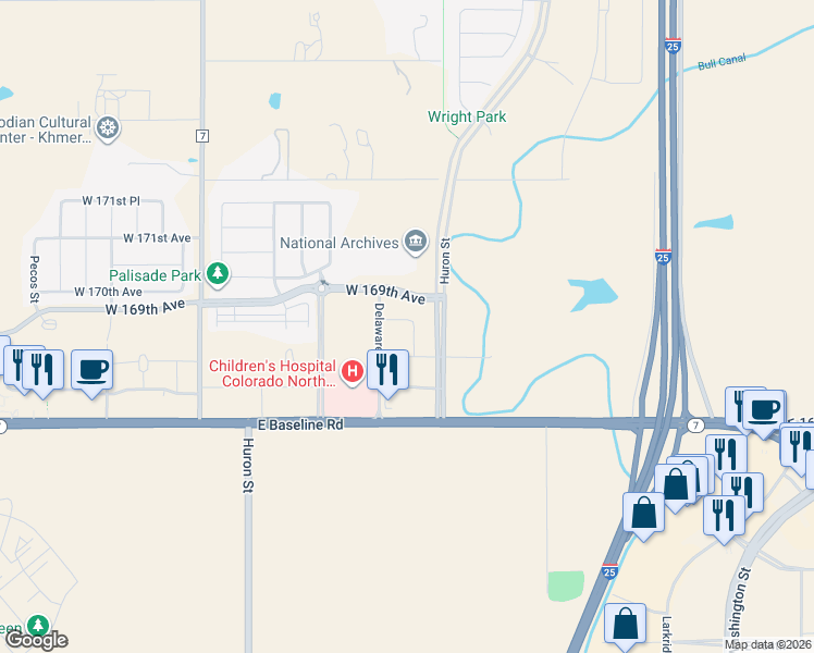 map of restaurants, bars, coffee shops, grocery stores, and more near 16871 Huron Street in Broomfield