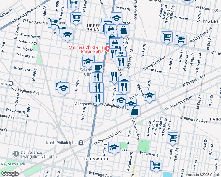 map of restaurants, bars, coffee shops, grocery stores, and more near 3309 North Park Avenue in Philadelphia