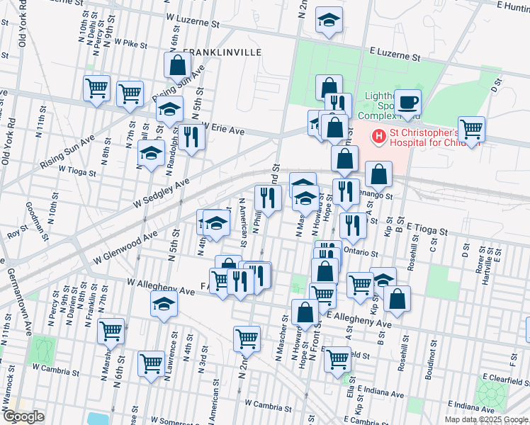 map of restaurants, bars, coffee shops, grocery stores, and more near 3446 North 2nd Street in Philadelphia