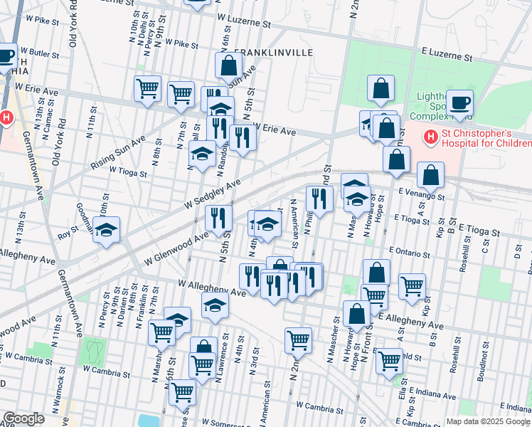 map of restaurants, bars, coffee shops, grocery stores, and more near 3430 North Orianna Street in Philadelphia