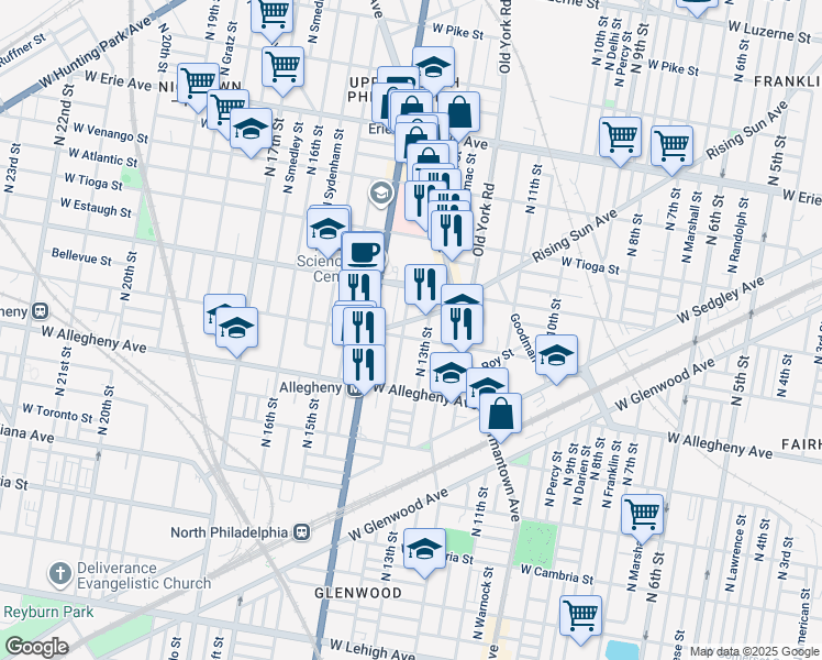 map of restaurants, bars, coffee shops, grocery stores, and more near 3309 North Park Avenue in Philadelphia