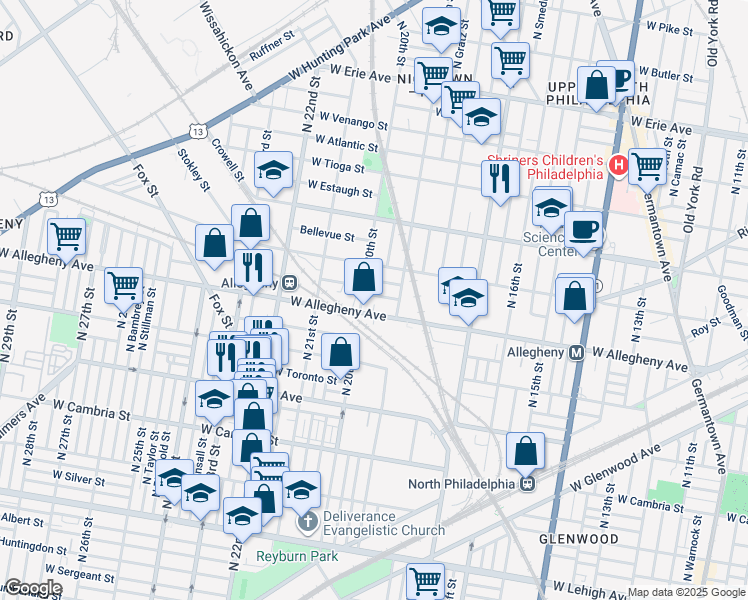map of restaurants, bars, coffee shops, grocery stores, and more near 1936 West Hilton Street in Philadelphia