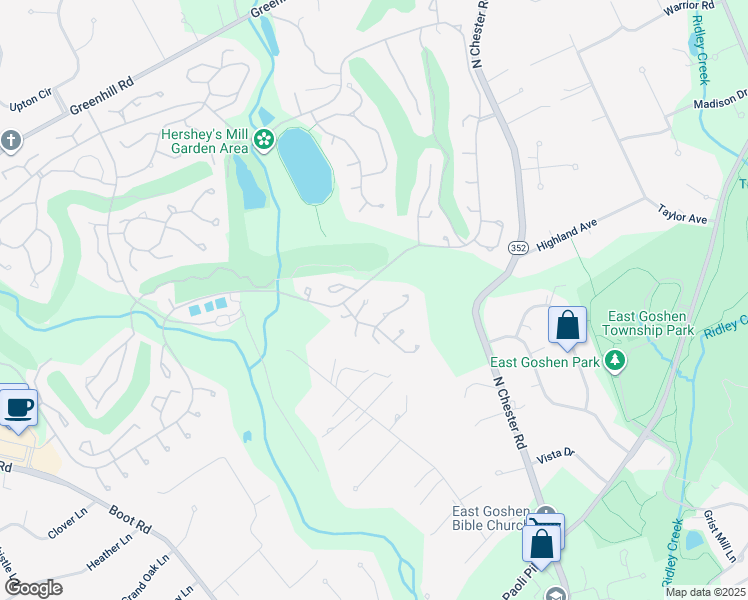 map of restaurants, bars, coffee shops, grocery stores, and more near 282 Devon Way in West Chester