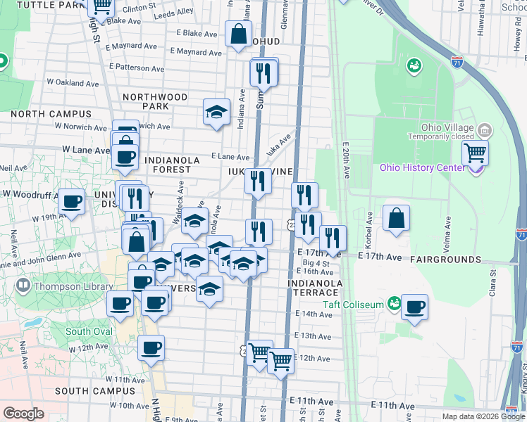 map of restaurants, bars, coffee shops, grocery stores, and more near 307 East 19th Avenue in Columbus