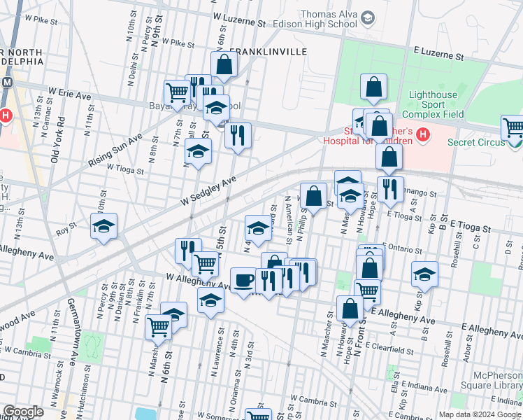 map of restaurants, bars, coffee shops, grocery stores, and more near 3430 North Orianna Street in Philadelphia