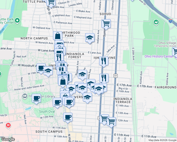 map of restaurants, bars, coffee shops, grocery stores, and more near in Columbus