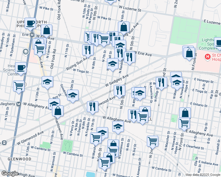 map of restaurants, bars, coffee shops, grocery stores, and more near North 6th Street in Philadelphia