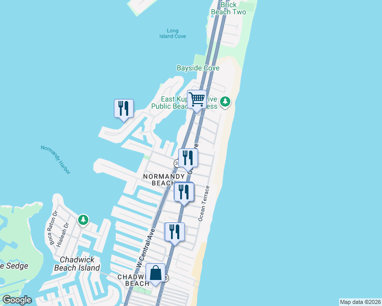 map of restaurants, bars, coffee shops, grocery stores, and more near 538 New Jersey 35 in Mantoloking