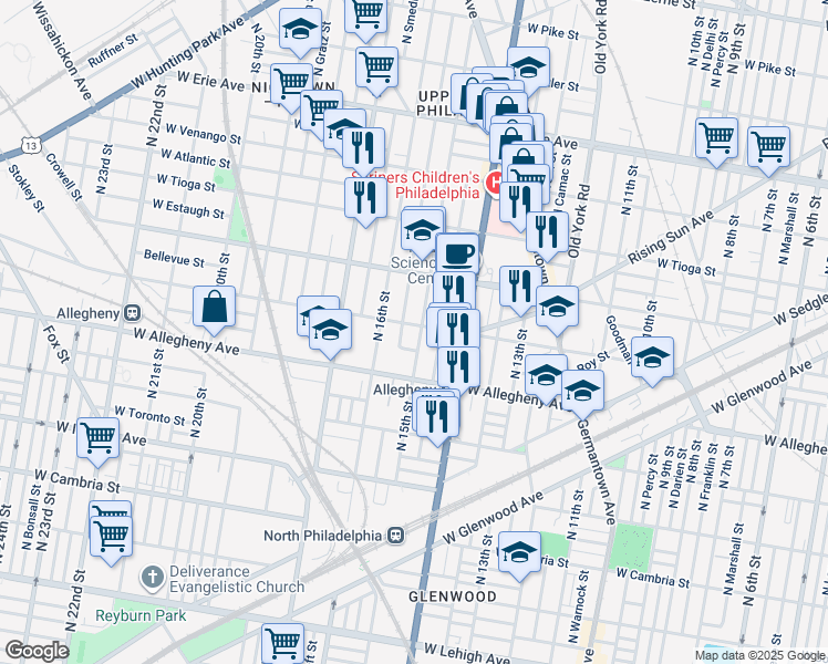 map of restaurants, bars, coffee shops, grocery stores, and more near 3250 North 15th Street in Philadelphia